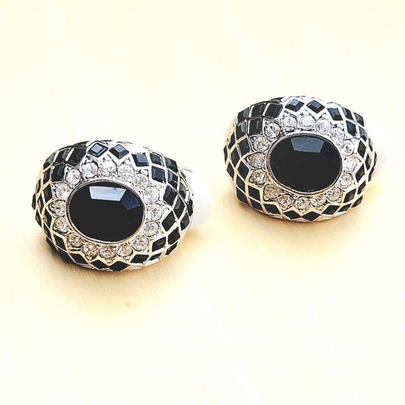 CARRE Blach & White Rhinestone Vintage Clip On Earrings - Picture 3 of 9